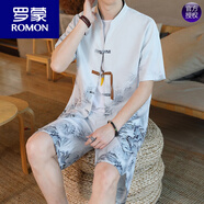 羅蒙（ROMON）中國風(fēng)唐裝男士夏季冰絲短袖T恤套裝2024年新款開衫薄款復(fù)古漢服 Y10灰山水 M (約85~105斤可穿)