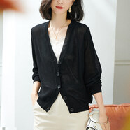 歌米拉 冰絲針織衫女開(kāi)衫外套女夏季寬松薄款子外搭鏤空空調衫披肩上衣 黑色 M