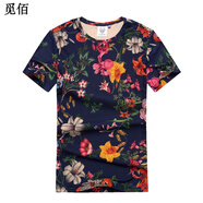 覓佰非主流短袖男 個(gè)性V領(lǐng)印花圖案男短袖T恤青少年古惑仔紋身花 花草 5X