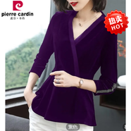 皮爾卡丹（pierre cardin）長(cháng)袖v領(lǐng)打底衫女2025春新款金絲絨修身上衣網(wǎng)紗拼接T恤衫時(shí)尚氣質(zhì) 紫色 XL _建議120-130斤