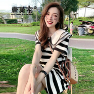 唐菓蜜條紋連衣裙女夏季2024新款女裝甜美娃娃領(lǐng)顯瘦小個子顯高減齡裙子 條紋裙 XL