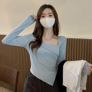 KAHTOP2025春秋新款韓版高腰短款T恤女休閑白色上衣露臍裝外穿打底衫CLJ 不規(guī)則方領(lǐng)藍(lán)色 S