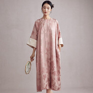 陌遇2025春夏中國風(fēng)復古改良提花緞圓領(lǐng)旗袍寬松中式連衣裙品牌女裝 粉色 S