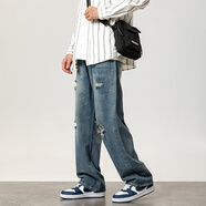 Foss Phil破洞牛仔褲子男士秋冬季百搭寬松休閑直筒高街闊腿褲501復古藍XL