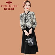 俞兆林（YUZHAOLIN）年輕媽媽春裝小香風(fēng)套裝連衣裙新中式中老年女裝春秋外套氣質(zhì)裙子 8802-水墨畫 XL (參考90-105斤)