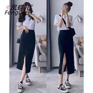 鳳蝶兒連衣裙套裝女夏季新款女裝韓版復格子裙氣質(zhì)裙兩件套套裝裙子女 白上衣+黑開(kāi)叉裙 L