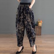 錦彩灣夏天哈龍褲女士哈倫褲蘿卜褲春夏穿夏季棉麻印花九分燈籠褲2025新 樹(shù) XL 建議90至110斤