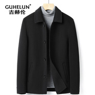 古赫倫（GUHELUN）輕奢品牌毛呢大衣男2024新款男士羊毛大衣中長(cháng)款翻領(lǐng)毛呢子外套男 黑色 M