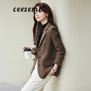 ceezemc香港潮牌毛呢修身小西裝女 2024秋冬新款小個(gè)子復(fù)古抗皺短款外套 咖啡色 S