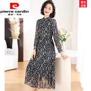 皮爾卡丹雪紡長袖子連衣裙春季女裝2024新款春秋款收腰顯瘦氣質(zhì)裙子時(shí)尚女 黑色 M (90-105斤)