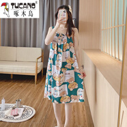 啄木鳥(niǎo)棉綢睡衣女吊帶睡裙2025夏季清爽甜美寬松休閑舒適大碼家居服女 吊帶裙-墨綠小熊 XL 適合115-135斤