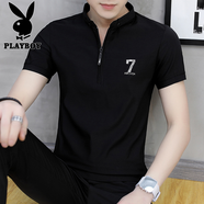 花花公子（PLAYBOY）短袖t恤男夏季2025韓版潮牌修身立領(lǐng)T恤男士上衣純色打底衫短袖男 1814ABC黑色 XL 175
