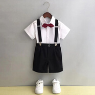 GOKU男童禮服套裝幼兒園演出服背帶褲夏季小主持人兒童西裝畢業(yè)服花童 黑色褲子+襯衫+背帶+領(lǐng)結(jié) 130 建議體重43-50斤