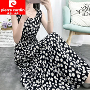 皮爾卡丹（pierre cardin）夏季波西米亞大擺修身長款收腰淑女長裙無袖印花棉綢連衣裙 1號色 黑色小雛菊 4XL 建議145-160斤