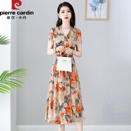 皮爾卡丹（pierre cardin）紗料連衣裙女夏2025新款洋氣時尚氣質(zhì)品牌媽ma氣質(zhì)雪紡裙 橙色花-春日碎花裙子名媛女神范 2XL