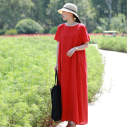 亂在江南棉麻連衣裙夏季新款仙女裙純色寬松休閑簡約高腰文藝優(yōu)雅長裙 紅色 M