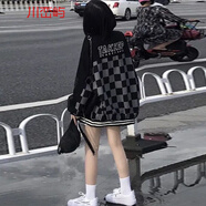 她風(fēng)采 2021新款秋季日系復古格子棒球服男女BF原宿風(fēng)情侶裝學(xué)生夾克外 黑色 S