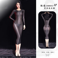 油亮絲滑長(cháng)袖連衣裙女士性感超薄透明緊身包臀裙戶(hù)外打底露出長(cháng)裙 黑色 均碼（80-125斤）