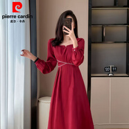 皮爾卡丹2025年秋冬季新款休閑姐妹女裝不規(guī)則長裙顯瘦長袖連衣裙女 酒紅色 M