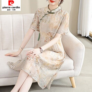 皮爾卡丹夏裝真絲中國(guó)風(fēng)連衣裙2025新款女夏季短袖旗袍印花裙子 米色 2XL 建議110-125斤左右