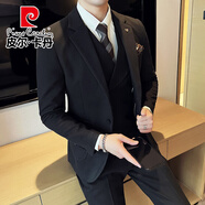 皮爾卡丹（pierre cardin）商務(wù)修身西服套裝男士春夏季新款呢料西裝三件套新郎結婚正裝禮服 SJT8339黑色兩件套【西服+西褲】 2XL