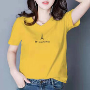 登森奧奧純棉短袖t恤女2024春夏女裝新款韓版寬松V領(lǐng)T恤休閑印花上衣 黃色V領(lǐng)-鐵塔 M 建議95-105斤
