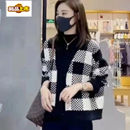 初徑2026秋冬新款寬松大碼慵懶風(fēng)拼色黑白格子針織毛衣開(kāi)衫外套女上衣 黑色【原版質(zhì)量】 4XL 【176-200斤】