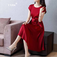 YXHK真絲連衣裙女夏品牌女裝夏季2022新款短袖寬松中長款收腰顯瘦裙子女 酒紅色 L 106-118斤