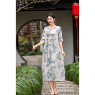榮西圖（RONGXITU）新中式圓領(lǐng)斜門(mén)襟流蘇設計五分袖套頭連衣裙森女系氣質(zhì)減齡中長(cháng)裙 藍色 均碼