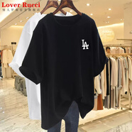 LOVER RUCCI粉色t恤女夏季短袖2025年歐貨大版純棉中長款寬松遮屁股上衣服ins LA黑色 L 建議135-160斤