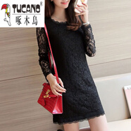 啄木鳥(niǎo)秋冬女士蕾絲打底裙長(cháng)袖大尺碼連衣裙女中長(cháng)款加絨包臀修身T恤裙 黑色 袖子鏤空不加內襯 M