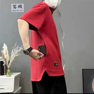 寫(xiě)璇（XIEXUAN）短袖t恤帶口袋爸爸夏裝無(wú)領(lǐng)有兜隱藏式口袋T恤男女短袖隱形大兜圓 紅色【隱藏口袋】 2XL推薦130-150斤