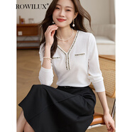ROWILUX高檔撞色編織小香風(fēng)V領(lǐng)針織T恤女長(zhǎng)袖2024秋季新款設(shè)計(jì)感 梨花白 s