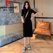 皮爾卡丹（pierre cardin）2025秋裝新款絲絨中袖連衣裙直筒裙氣質(zhì)金絲絨裙復(fù)古開叉裙打底裙 黑色純棉(中袖不開叉) M 建議96-105斤