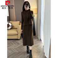 皮爾卡丹（pierre cardin）秋冬針織連衣裙馬甲兩件套套裝裝裙長款過膝半高領(lǐng)毛衣裙韓版A字 咖啡色 XL 建議115-125斤
