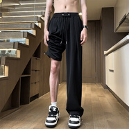 QGF學(xué)院風(fēng)冰絲垂感休閑褲男女學(xué)生情侶易穿搭直筒褲夏季寬松闊腿褲子 黑色 L 【建議115-130斤】