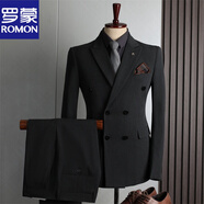 羅蒙（ROMON）西服套裝男英倫風(fēng)雙排扣商務(wù)休閑西裝三件套新郎結(jié)婚禮服小西服男 深灰色(西服+西褲) XL 52(123-135斤)