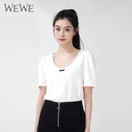 唯唯（WEWE）夏季新款女裝氣質(zhì)簡約時尚U領(lǐng)休閑t恤舒適透氣短袖上衣 米白 M (165)