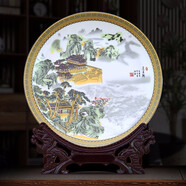 景德鎮陶瓷器新中式粉彩瓷名樓裝飾盤(pán)工藝品客廳擺件家居酒柜玄關(guān)書(shū)房電視柜辦公室博古架茶室裝飾品瓷盤(pán)擺設 蓬萊閣（配龍頭底座）