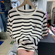 啄木鳥寬松顯瘦【80-200斤】條紋撞色冰絲短袖T恤女刺繡鏤空洋氣上衣夏 黑色 2XL 建議130-160斤