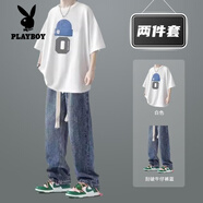 花花公子短袖t恤兩件套男港風(fēng)夏季潮牌ins衣服搭配一整套痞帥休閑套裝男裝 ：O帽子白+牛仔長(cháng)褲藍 S