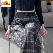 初徑格子毛呢直筒闊腿褲女秋冬新款高腰顯瘦加厚拖地休閑網(wǎng)紅個(gè)性褲子 藍格【春秋薄款】 L 建議110-125斤