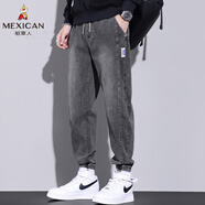 稻草人品牌男士牛仔褲秋冬季新款寬松直筒束腳褲子男加絨褲運動(dòng)休閑褲男 灰色 XL 【建議130-150斤】