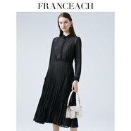 法涵意弛2025春夏款黑色真絲連衣裙女桑蠶絲年輕款襯衫式百褶裙連衣裙 黑/杏 S