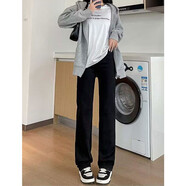 MELROSEMOOD高腰窄版直筒牛仔褲女加絨2025小個(gè)子女裝新款彈力顯瘦復古闊腿褲 黑色（九分褲） S