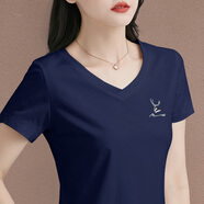 UNAE短袖t恤女2025夏季薄款修身顯瘦繡花女士V領上衣韓版正肩半袖體恤 8220102款寶藍 2XL 【120-130斤】