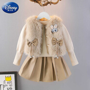 迪士尼（Disney）童裝女童冬季毛毛馬甲套裝裙子新款寶寶針織毛線衣三件套半身裙潮 卡其色 兔毛馬甲毛衣三件套裙 90 cm建議身高70-80cm1-2歲