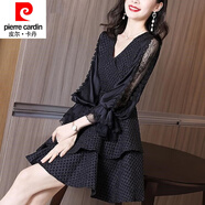 皮爾卡丹（pierre cardin）春秋赫本風(fēng)氣質(zhì)小黑裙法式小眾收腰顯瘦v領(lǐng)蕾絲荷葉邊a字連衣裙女 黑色 XL 【建議110-130斤】