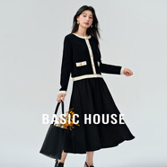Basic House/百家好秋季撞色小香風(fēng)優(yōu)雅氣質(zhì)感上衣連衣裙兩件套 黑色 L