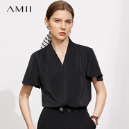 AMII女裝2025氣質(zhì)小衫V領(lǐng)雪紡衫新款荷葉邊時(shí)尚白色襯衫女短 黑色 S 155/80A